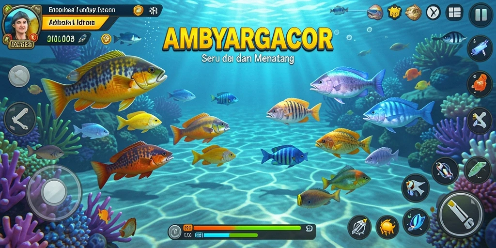 Screenshot utama AMBYARGACOR menampilkan aksi seru Tembak Ikan.