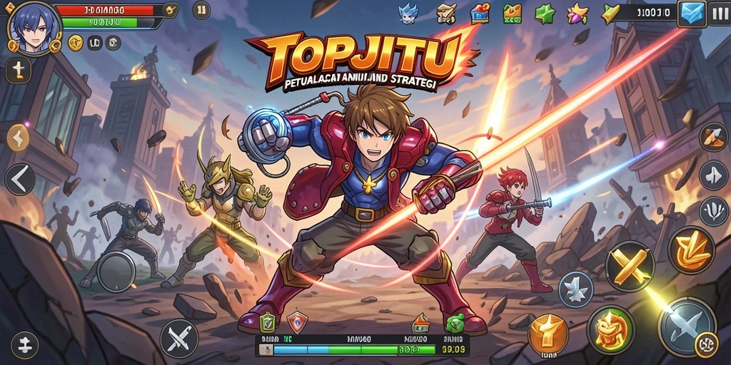 Tampilan gameplay seru dari TOPJITU dengan karakter anime ikonik.
